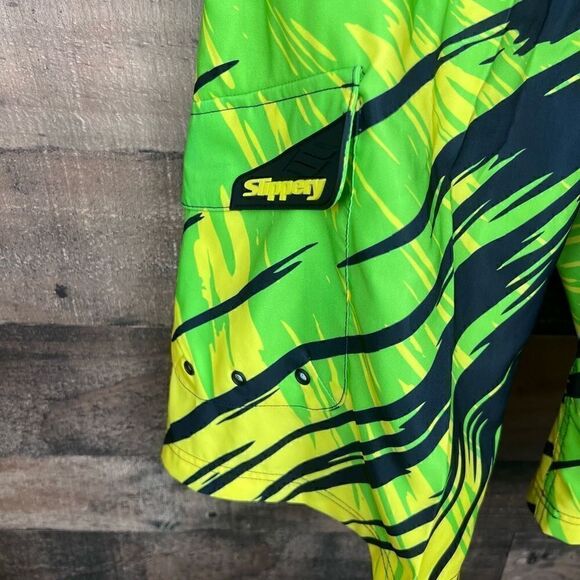 Slippery Board Shorts Solar Tie Front Black Neon Green Yellow Side Pocket Men 30 - Picture 11 of 15
